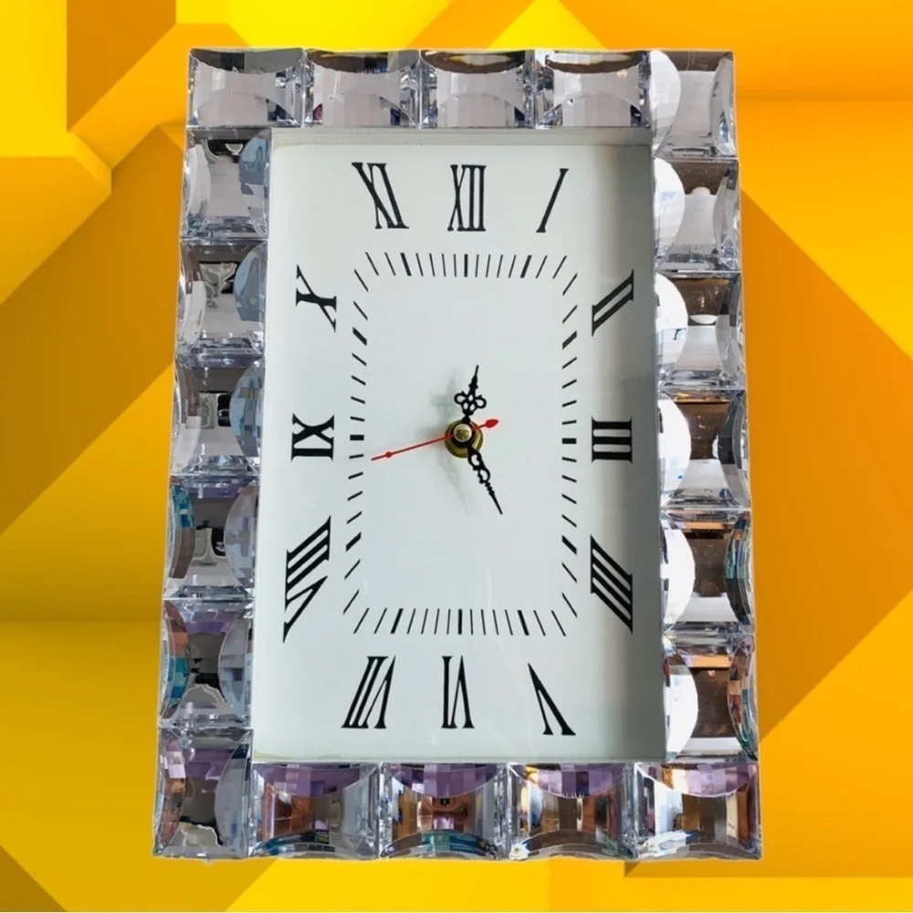 Modern Crystal-Edge Contemporary Clock Silver & White Luxe Home Decor